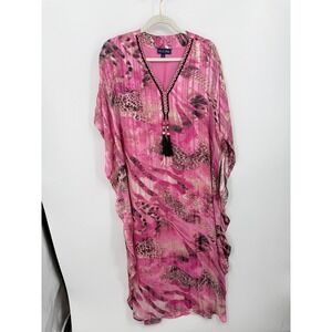 Fig & Vine Kaftan Dress Womens Medium Pink Animal Print Metallic Tassel Boho